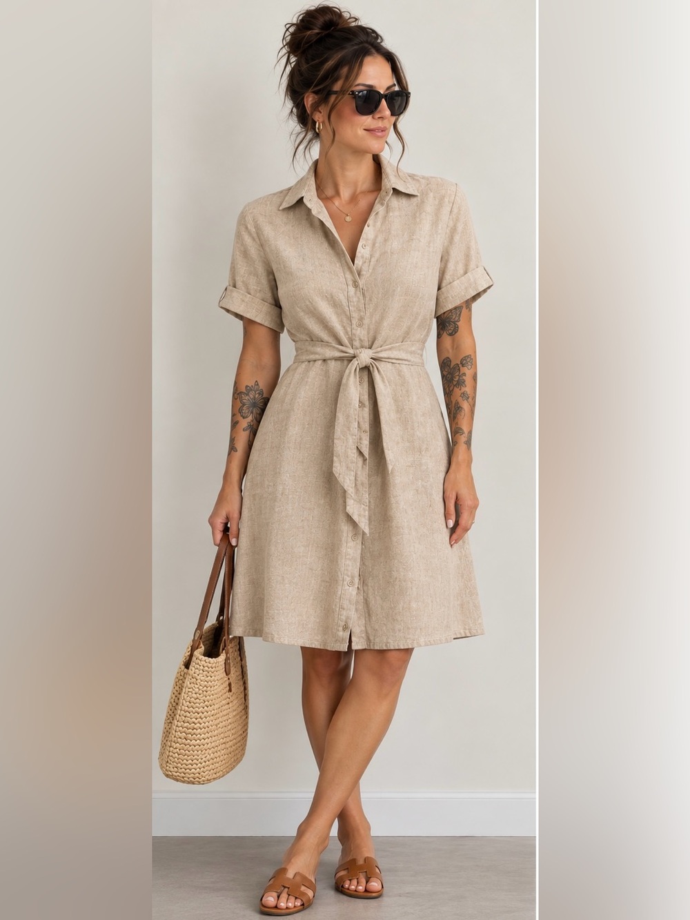 Lauren Ralph Lauren Linen Beige Button-Front Tie-Waist Midi Dress